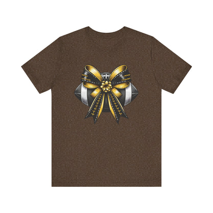 Football Bow Unisex Tee | Sporty Style Tee, Game Day T-Shirt, Casual Wear, Athletic Gift, Fan Apparel, Black and Gold, Saints