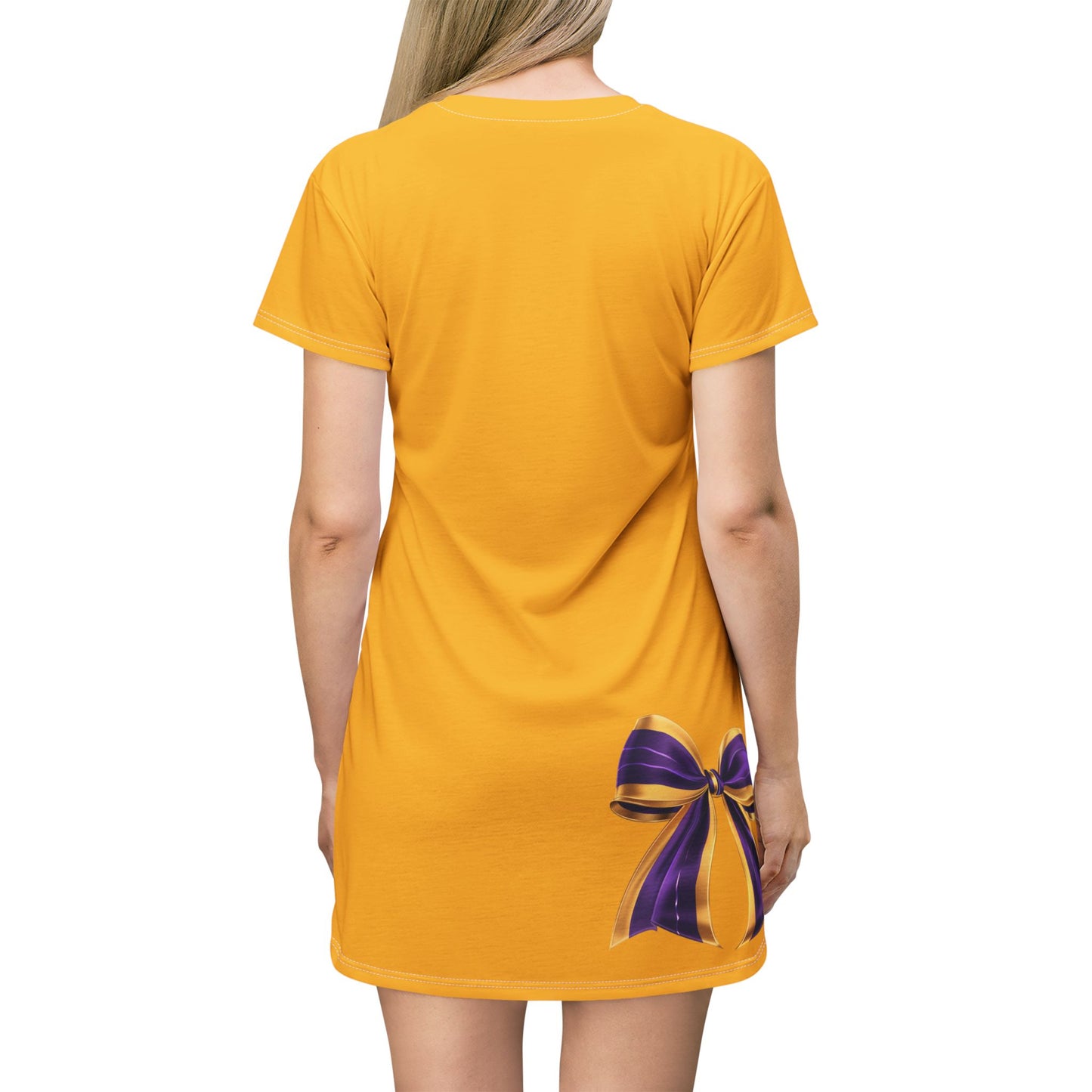 Gold Dress, Purple and Gold Elegant Bow T-Shirt Dress - Stylish Casual Wear for Parties, Birthdays, or Everyday Outfits, Comfortable and Fashionable
