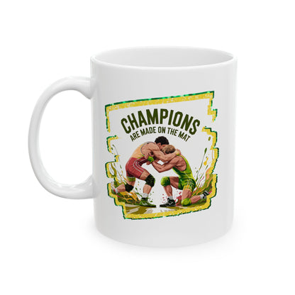 Green and Gold, Wrestling Design on a Ceramic Mug with Fun Design