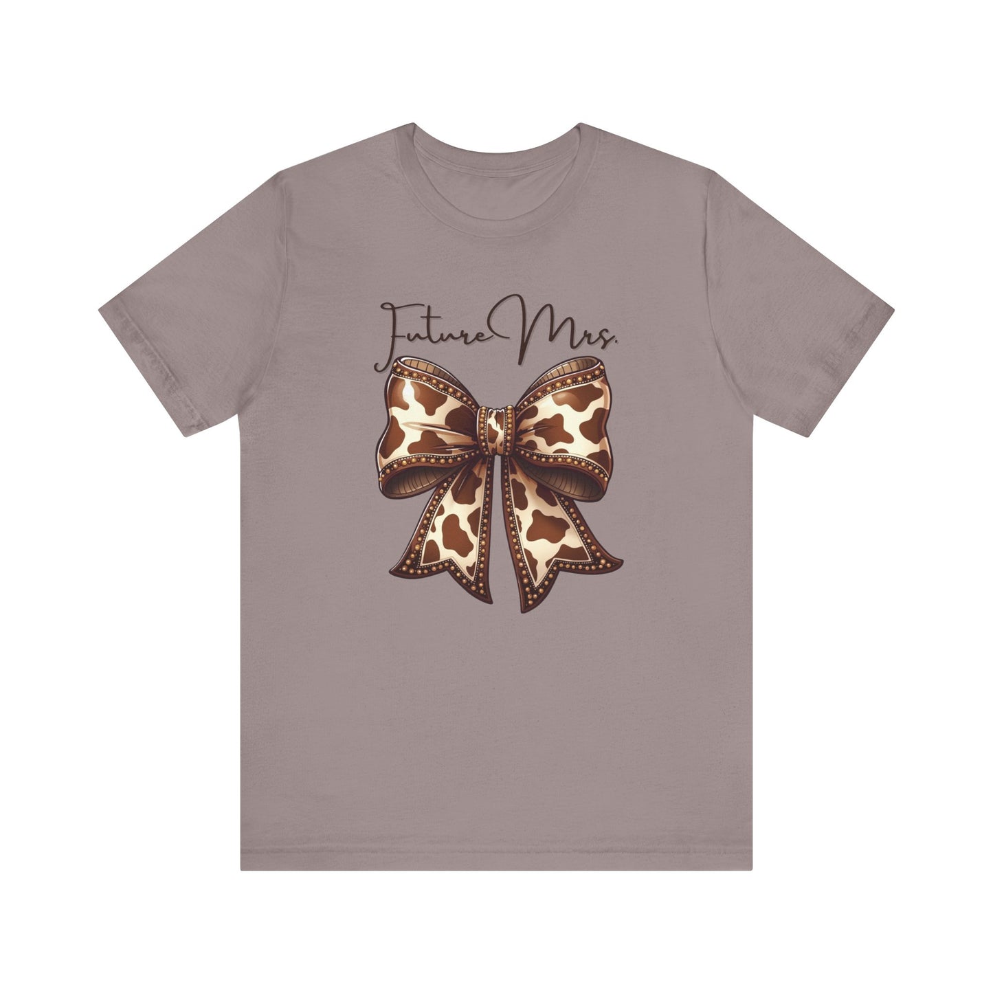 Personalized Future Mrs. Bride Cow Print Bow Short Sleeve Tee, Casual Top, Western Style Shirt, Country Chic T-Shirt, Birthday Gift, Everyday Wear