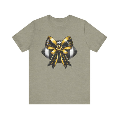 Football Bow Unisex Tee | Sporty Style Tee, Game Day T-Shirt, Casual Wear, Athletic Gift, Fan Apparel, Black and Gold, Saints