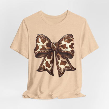Cow Print Bow Short Sleeve Tee, Casual Top, Western Style Shirt, Country Chic T-Shirt, Birthday Gift, Everyday Wear