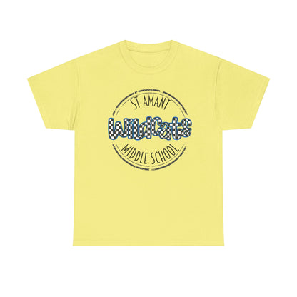SAMS Wildcats with a black checkered style, Whimsical on a Unisex Tshirt, St Amant Middle School