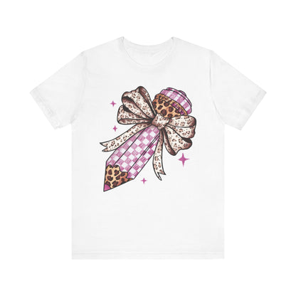 Leopard and pink checkered Bow Pencil Tee - Cute Teacher Gift, Back to School Outfit, Art Lover Shirt, Classroom Apparel, Fun Educational Shirt