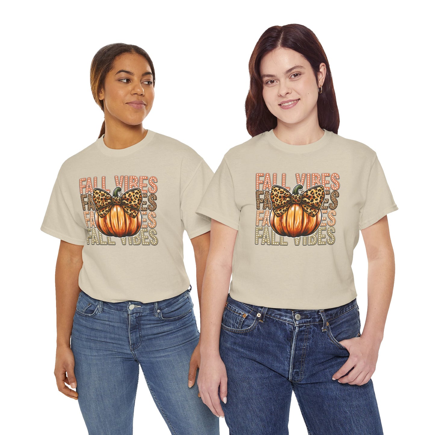 Fall Vibes Unisex Cotton Tee, Autumn Shirt, Pumpkin Graphic Tee, Halloween Apparel, Cozy Fall T-Shirt, Seasonal Outfit, leopard bow