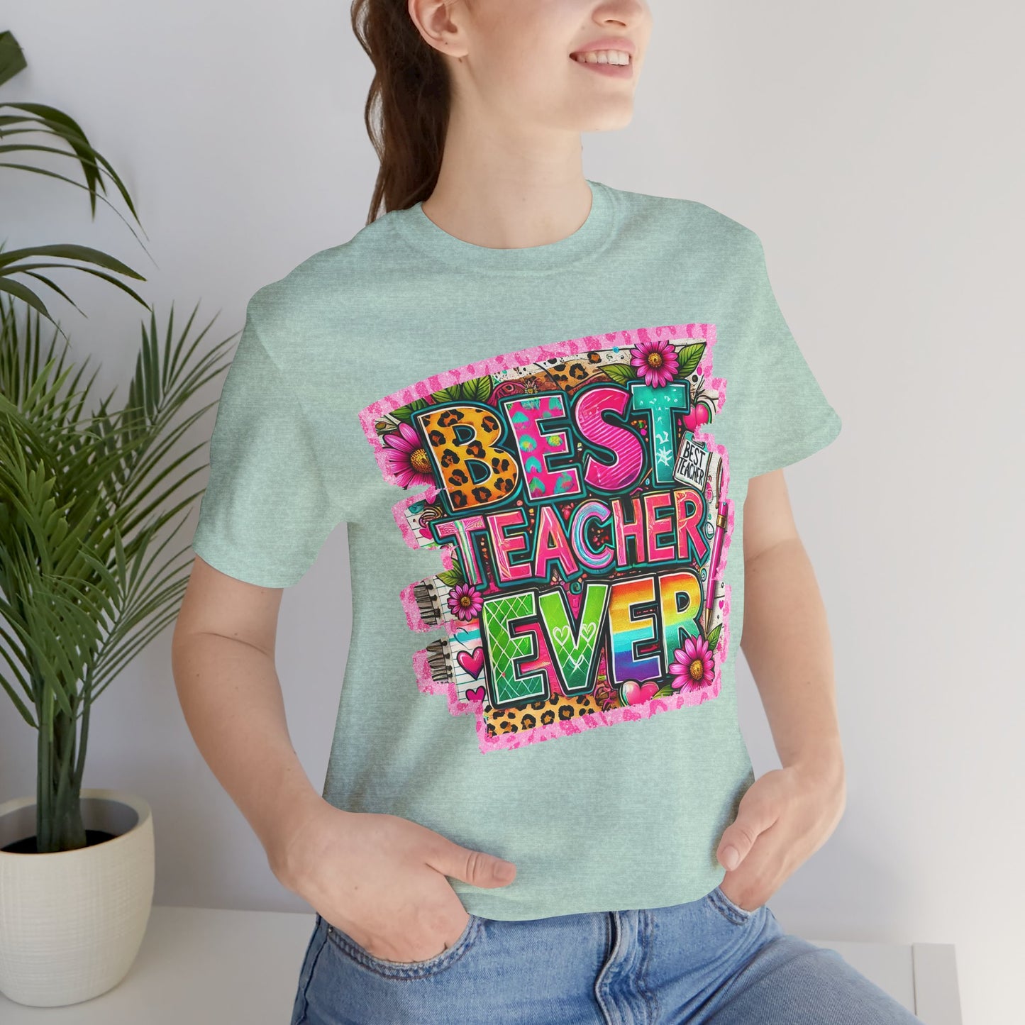 Funky  Best Teacher Ever Tshirt, Unisex, Bella Canvas, Back to school, apple, animal print, neons