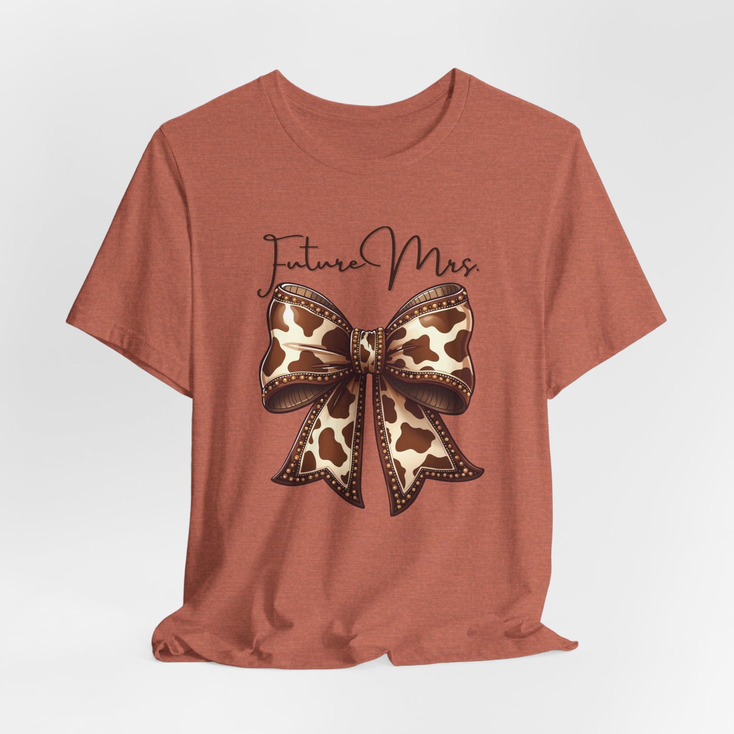 Personalized Future Mrs. Bride Cow Print Bow Short Sleeve Tee, Casual Top, Western Style Shirt, Country Chic T-Shirt, Birthday Gift, Everyday Wear