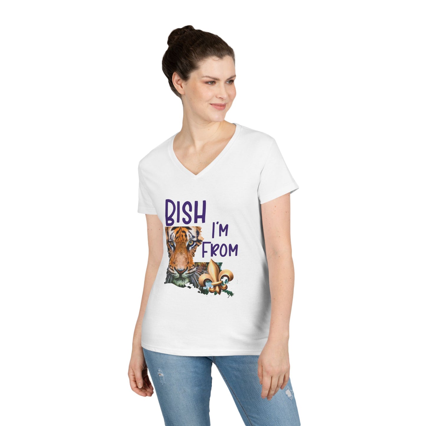Vibrant Graphic Tee, Ladies' V-Neck T-Shirt, Fun Casual Wear, Perfect for Gifts, Everyday Style, BISH I'M FROM Louisiana
