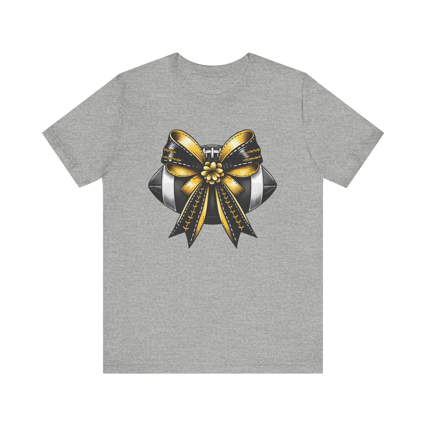 Football Bow Unisex Tee | Sporty Style Tee, Game Day T-Shirt, Casual Wear, Athletic Gift, Fan Apparel, Black and Gold, Saints