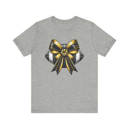 Football Bow Unisex Tee | Sporty Style Tee, Game Day T-Shirt, Casual Wear, Athletic Gift, Fan Apparel, Black and Gold, Saints