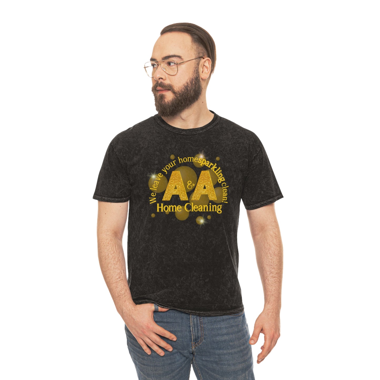 A&A Yellow Logo on a distressed mineral purple crew neck, colortone