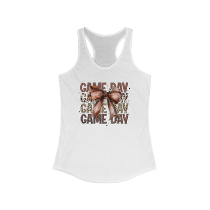 Game Day, Stacked, Football bow Women's Racerback Tank Top, Perfect for Game Day, Sports Events, Tailgating, and Everyday Wear