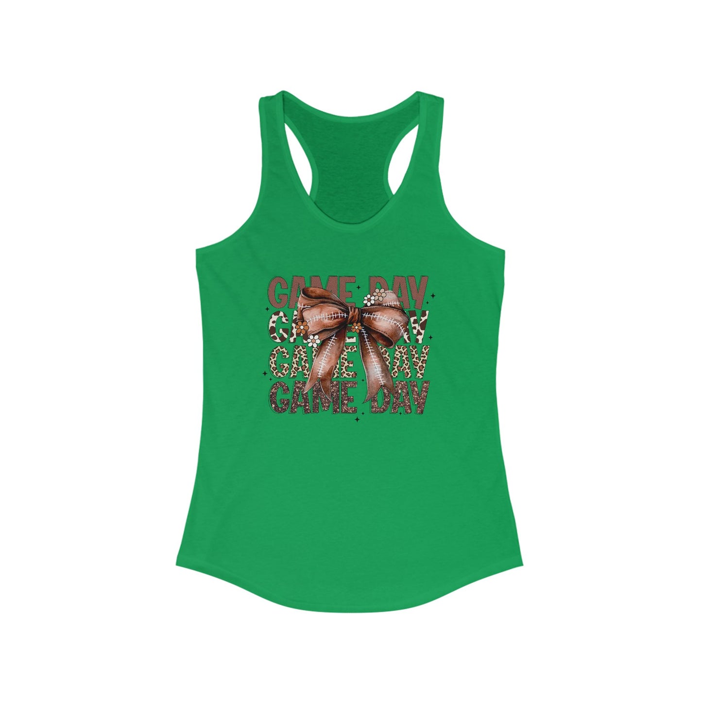 Game Day, Stacked, Football bow Women's Racerback Tank Top, Perfect for Game Day, Sports Events, Tailgating, and Everyday Wear