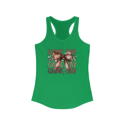 Game Day, Stacked, Football bow Women's Racerback Tank Top, Perfect for Game Day, Sports Events, Tailgating, and Everyday Wear
