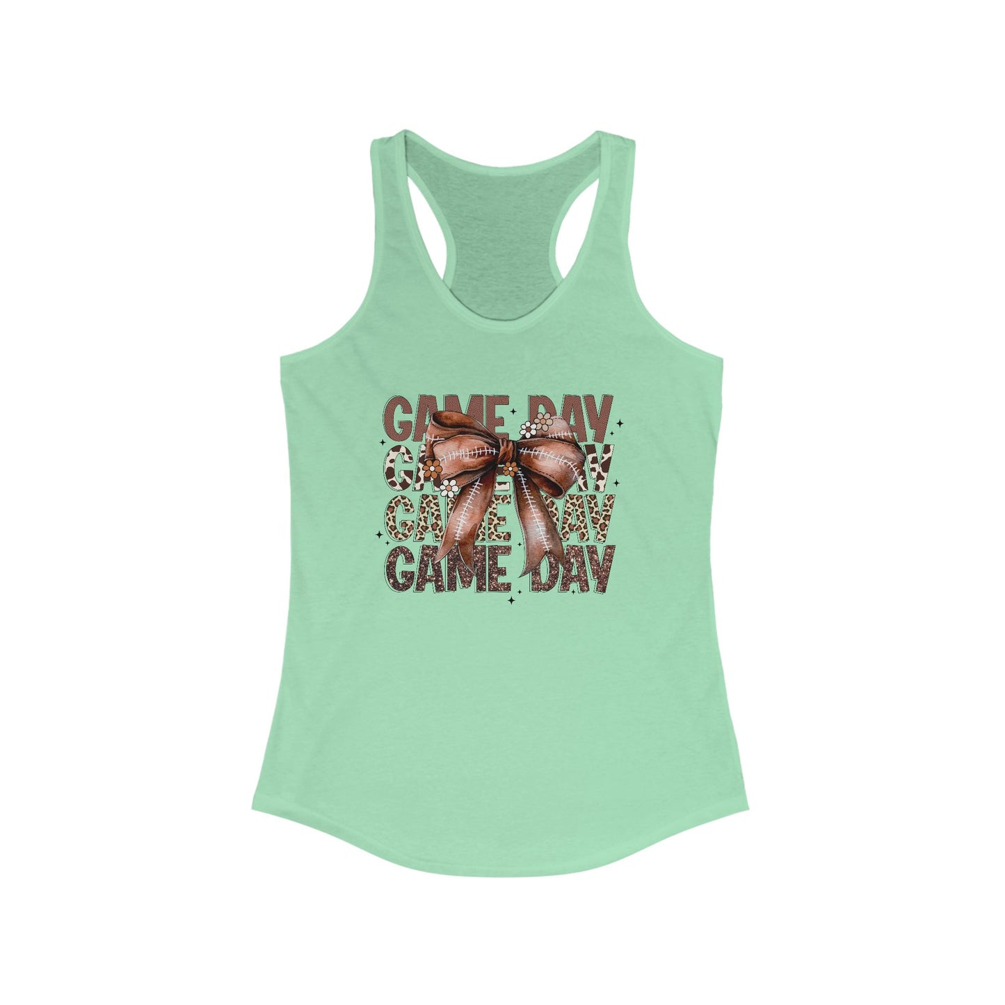 Game Day, Stacked, Football bow Women's Racerback Tank Top, Perfect for Game Day, Sports Events, Tailgating, and Everyday Wear