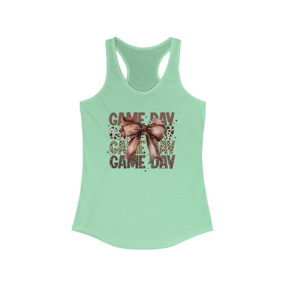 Game Day, Stacked, Football bow Women's Racerback Tank Top, Perfect for Game Day, Sports Events, Tailgating, and Everyday Wear