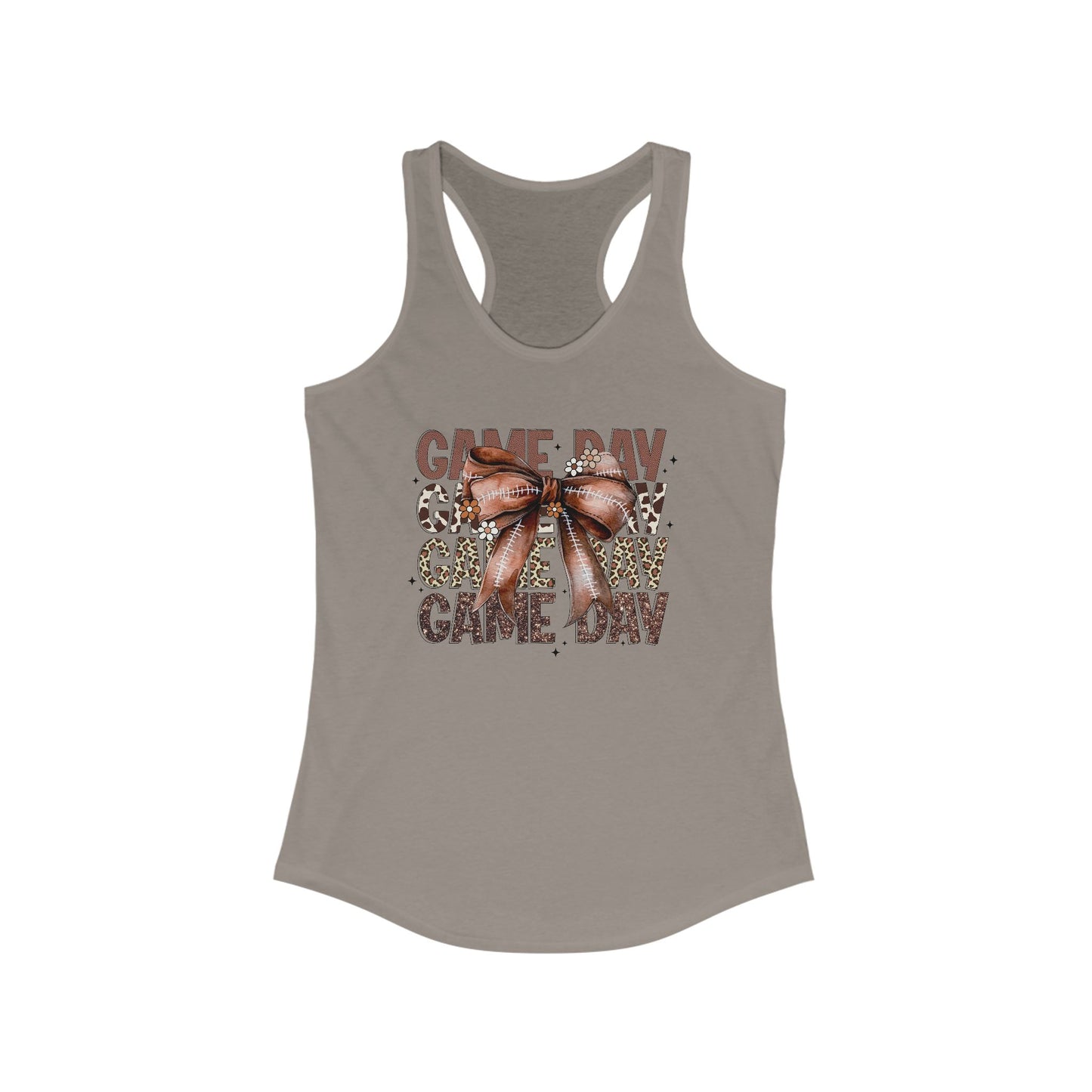 Game Day, Stacked, Football bow Women's Racerback Tank Top, Perfect for Game Day, Sports Events, Tailgating, and Everyday Wear