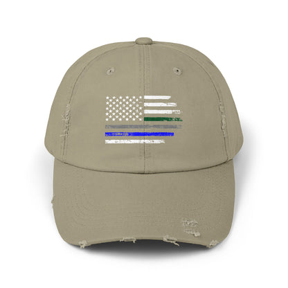 Thin Blue and Thin green Flag, Unisex Distressed Cap, Law Enforcement, Military, hat