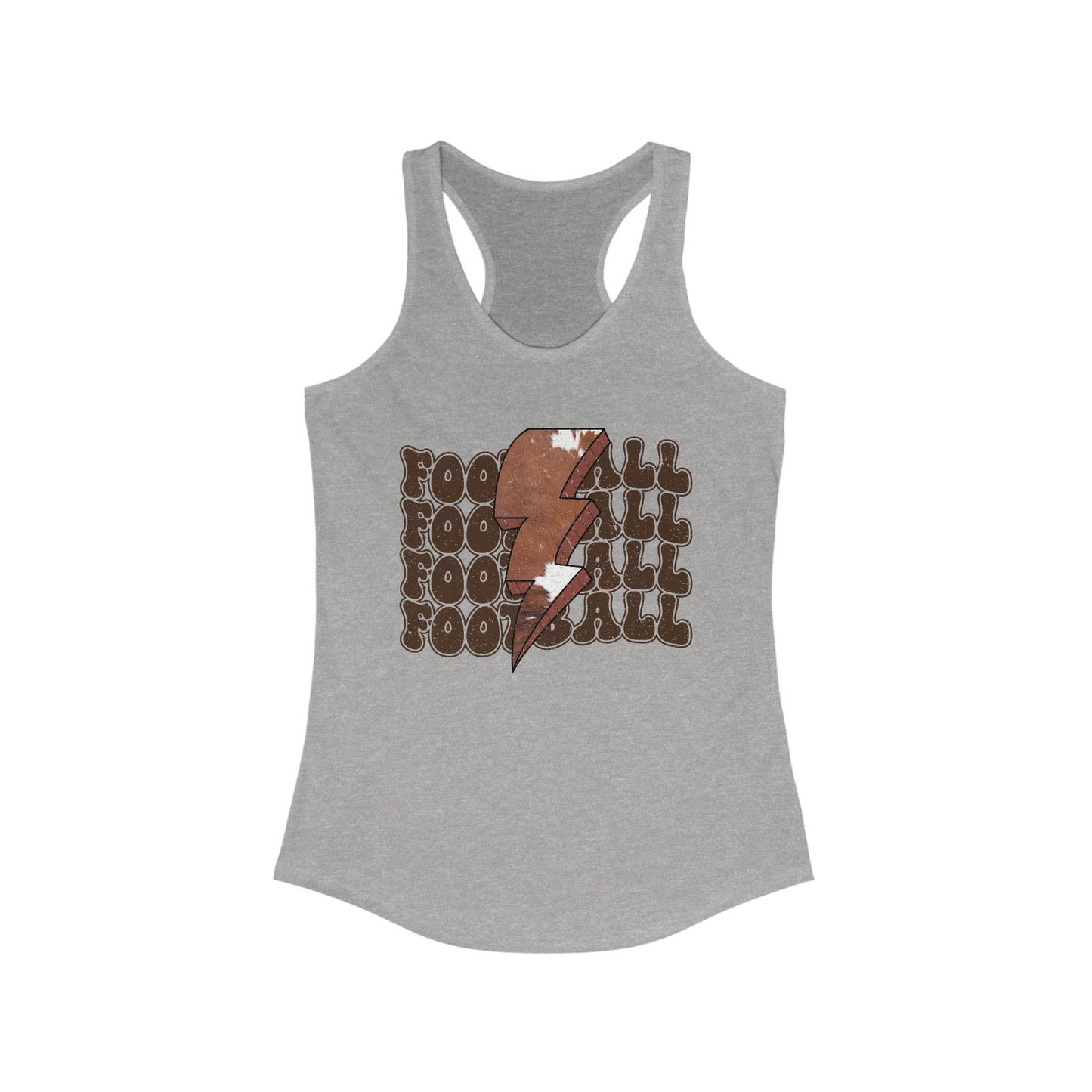 Stacked Football with a Cowhide Lightning bolt Women's Racerback Tank Top, Perfect for Game Day, Sports Events, Tailgating, and Everyday Wear