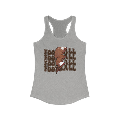Stacked Football with a Cowhide Lightning bolt Women's Racerback Tank Top, Perfect for Game Day, Sports Events, Tailgating, and Everyday Wear