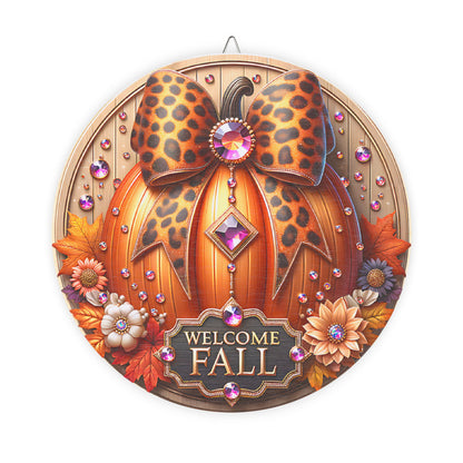 Fall, Welcome Wooden door sign, home decor, entry way, mantle decor, Pumpkin, Crystals, Leopard Coquette Bow, Fall Flowers, 3d looking