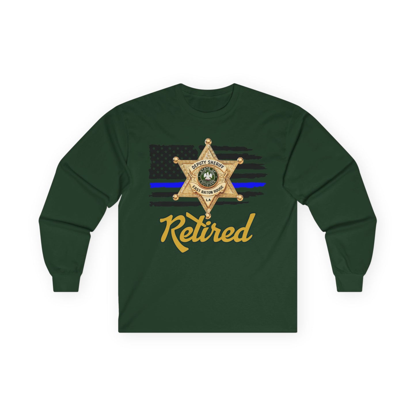 Retired Law Enforcement Long Sleeve Tee, Unisex Police Tribute Shirt, Gift for Retiring Officer, Flag and Badge Design, Comfy Everyday Wear
