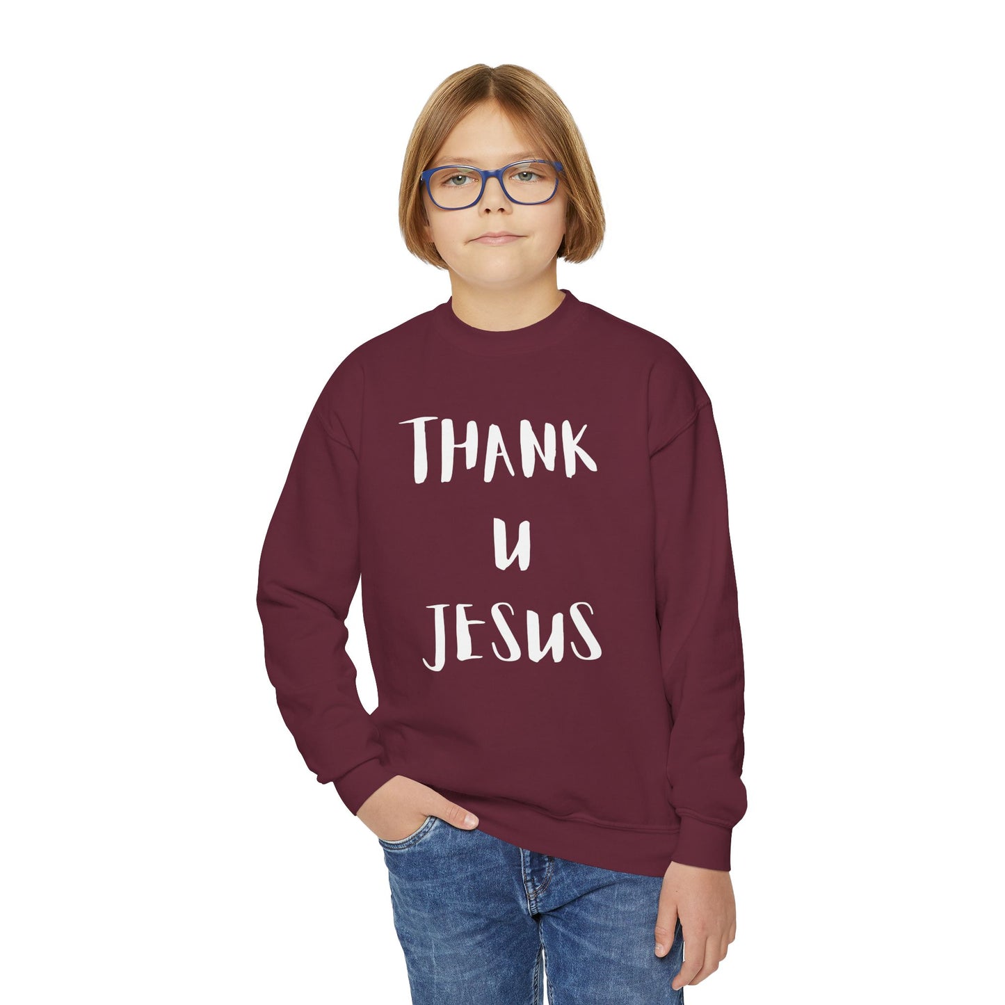 Youth Crewneck Sweatshirt - Thank U Jesus, Faithful Crewneck, Christian Youth Apparel, Inspirational Gift, Bible Verse Sweatshirt