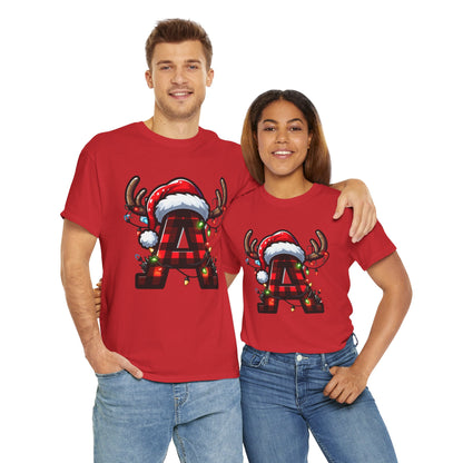 Festive Reindeer Initial A Tee, Unisex Holiday T-Shirt, Christmas Gift, Personalized Apparel, Cozy Winter Wear, Merry & Bright