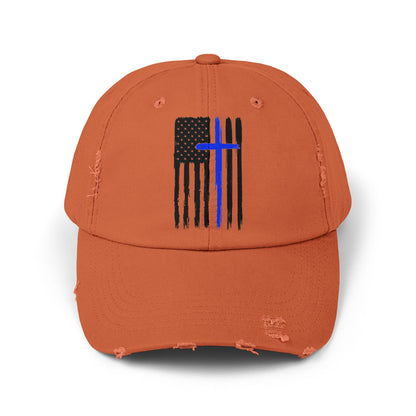 Thin Blue Line, Cross, Flag, Unisex Distressed Cap, Funny Hat, Casual Gift, Everyday Wear, Cool Accessory, Adjustable Cap