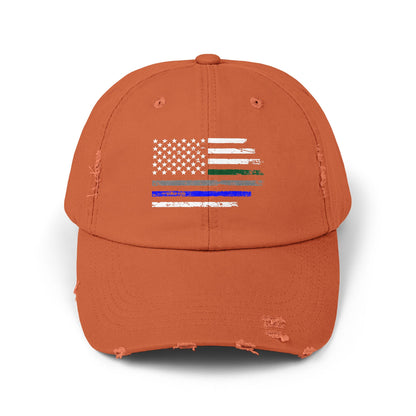 Thin Blue and Thin green Flag, Unisex Distressed Cap, Law Enforcement, Military, hat
