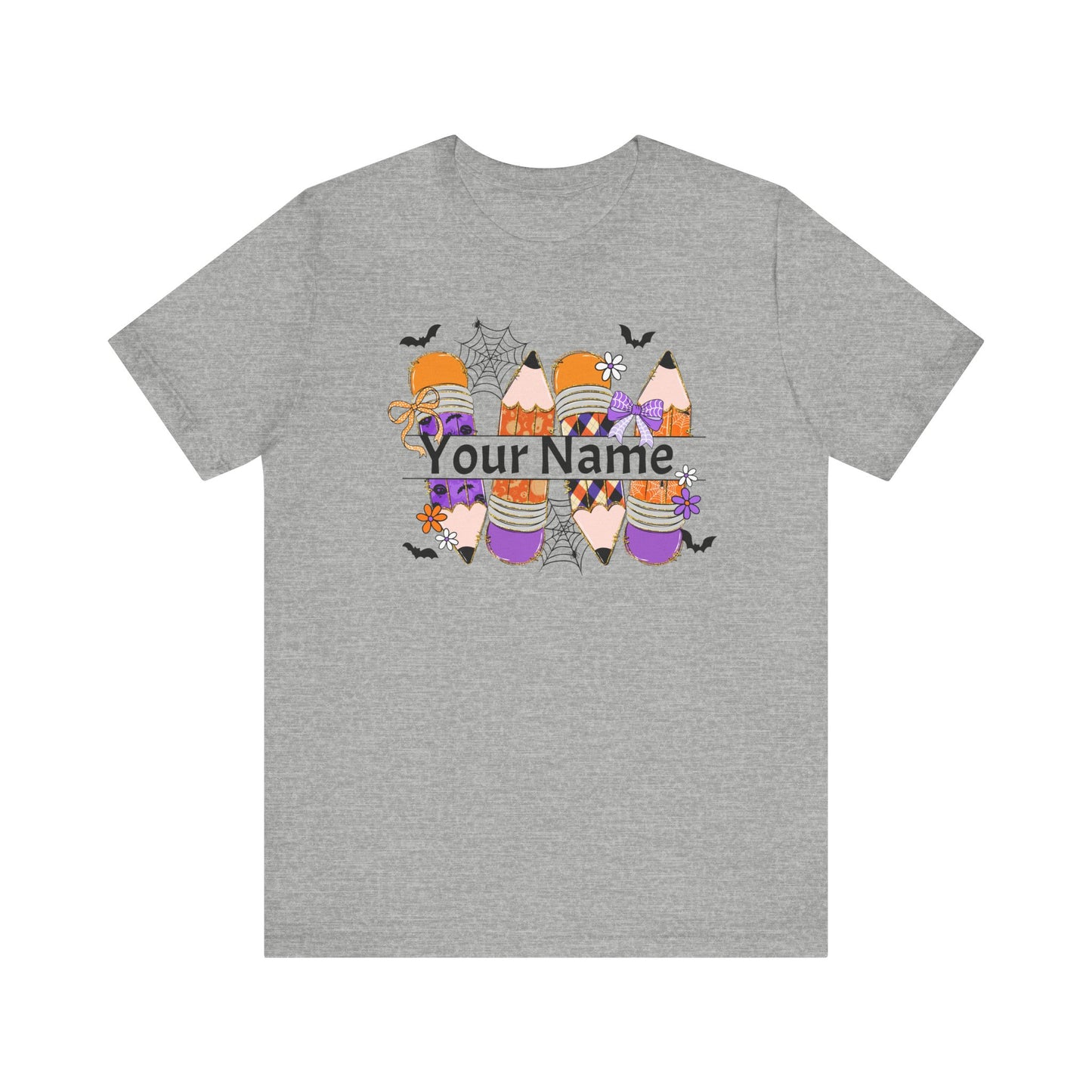 Personalized Halloween School Pencil with your name design, on a bella canvas shirt