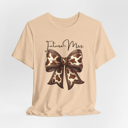 Personalized Future Mrs. Bride Cow Print Bow Short Sleeve Tee, Casual Top, Western Style Shirt, Country Chic T-Shirt, Birthday Gift, Everyday Wear