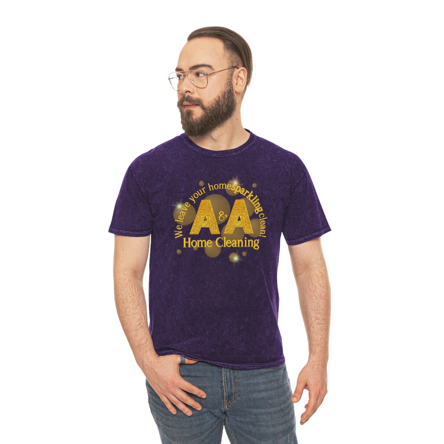 A&A Yellow Logo on a distressed mineral purple crew neck, colortone