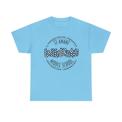SAMS Wildcats with a black checkered style, Whimsical on a Unisex Tshirt, St Amant Middle School
