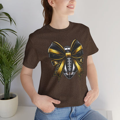 Football Bow Unisex Tee | Sporty Style Tee, Game Day T-Shirt, Casual Wear, Athletic Gift, Fan Apparel, Black and Gold, Saints