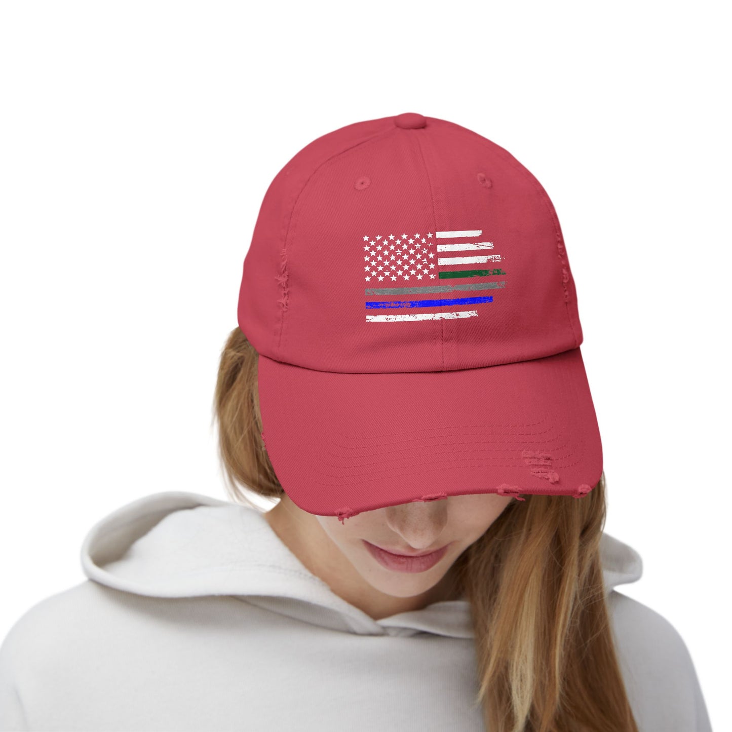 Thin Blue and Thin green Flag, Unisex Distressed Cap, Law Enforcement, Military, hat