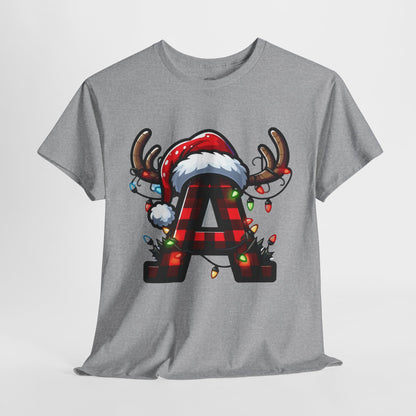 Festive Reindeer Initial A Tee, Unisex Holiday T-Shirt, Christmas Gift, Personalized Apparel, Cozy Winter Wear, Merry & Bright