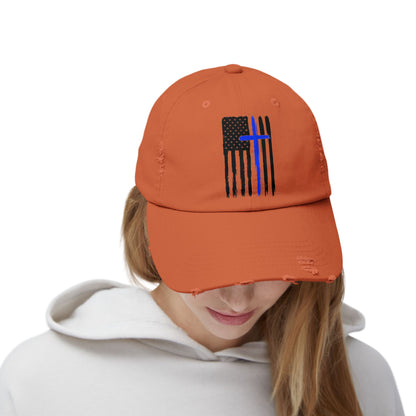 Thin Blue Line, Cross, Flag, Unisex Distressed Cap, Funny Hat, Casual Gift, Everyday Wear, Cool Accessory, Adjustable Cap