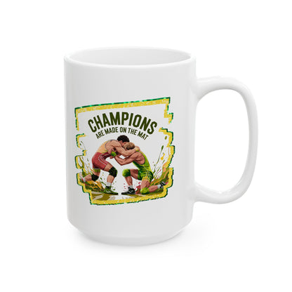 Green and Gold, Wrestling Design on a Ceramic Mug with Fun Design