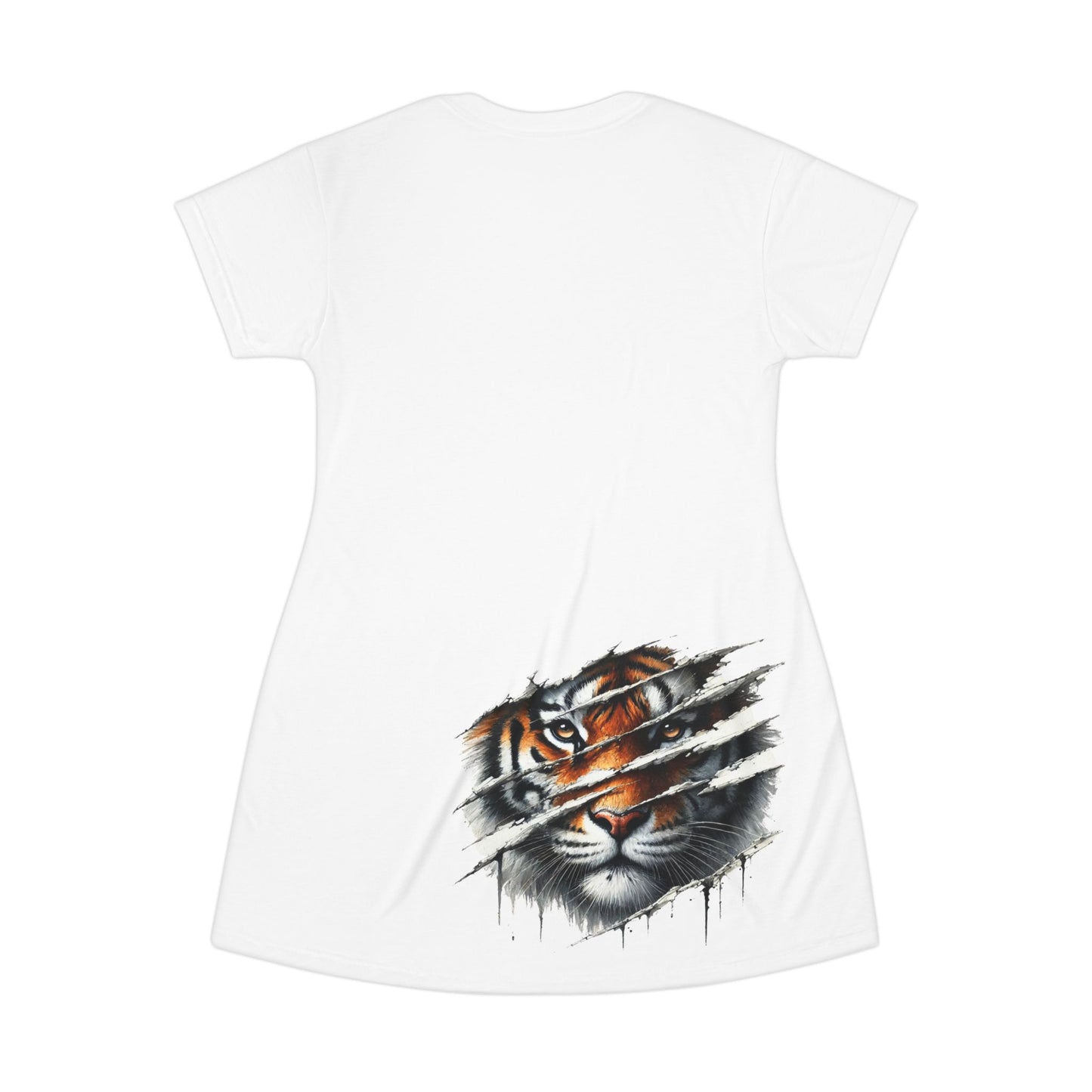 White, Tiger Head with Claw Marks T-Shirt Dress - Stylish Casual Wear for Parties, Birthdays, or Everyday Outfits, Comfortable and Fashionable