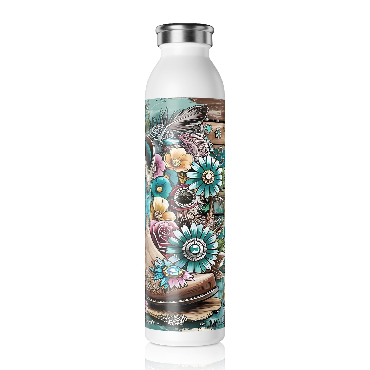 Floral Cowboy Slim Water Bottle - Western Decor, Eco-Friendly Hydration, Gift for Cowgirls, Outdoor Adventures, Unique Gym Bottle