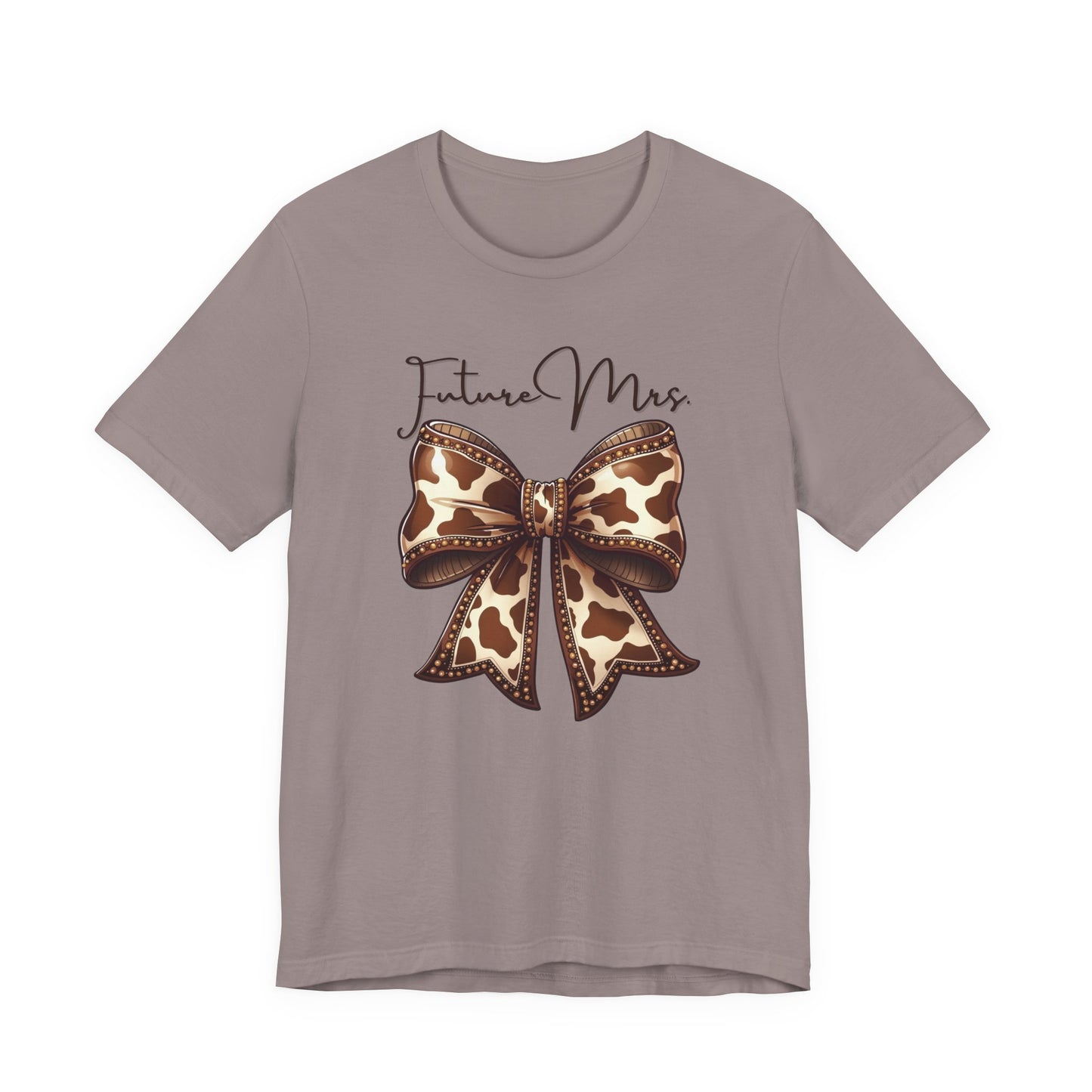 Personalized Future Mrs. Bride Cow Print Bow Short Sleeve Tee, Casual Top, Western Style Shirt, Country Chic T-Shirt, Birthday Gift, Everyday Wear