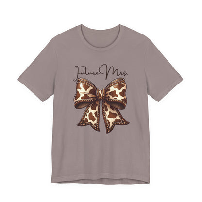 Personalized Future Mrs. Bride Cow Print Bow Short Sleeve Tee, Casual Top, Western Style Shirt, Country Chic T-Shirt, Birthday Gift, Everyday Wear