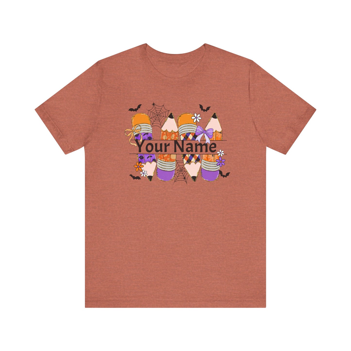 Personalized Halloween School Pencil with your name design, on a bella canvas shirt