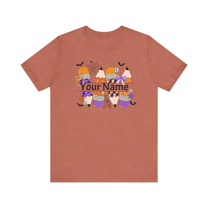 Personalized Halloween School Pencil with your name design, on a bella canvas shirt