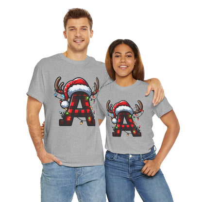 Festive Reindeer Initial A Tee, Unisex Holiday T-Shirt, Christmas Gift, Personalized Apparel, Cozy Winter Wear, Merry & Bright