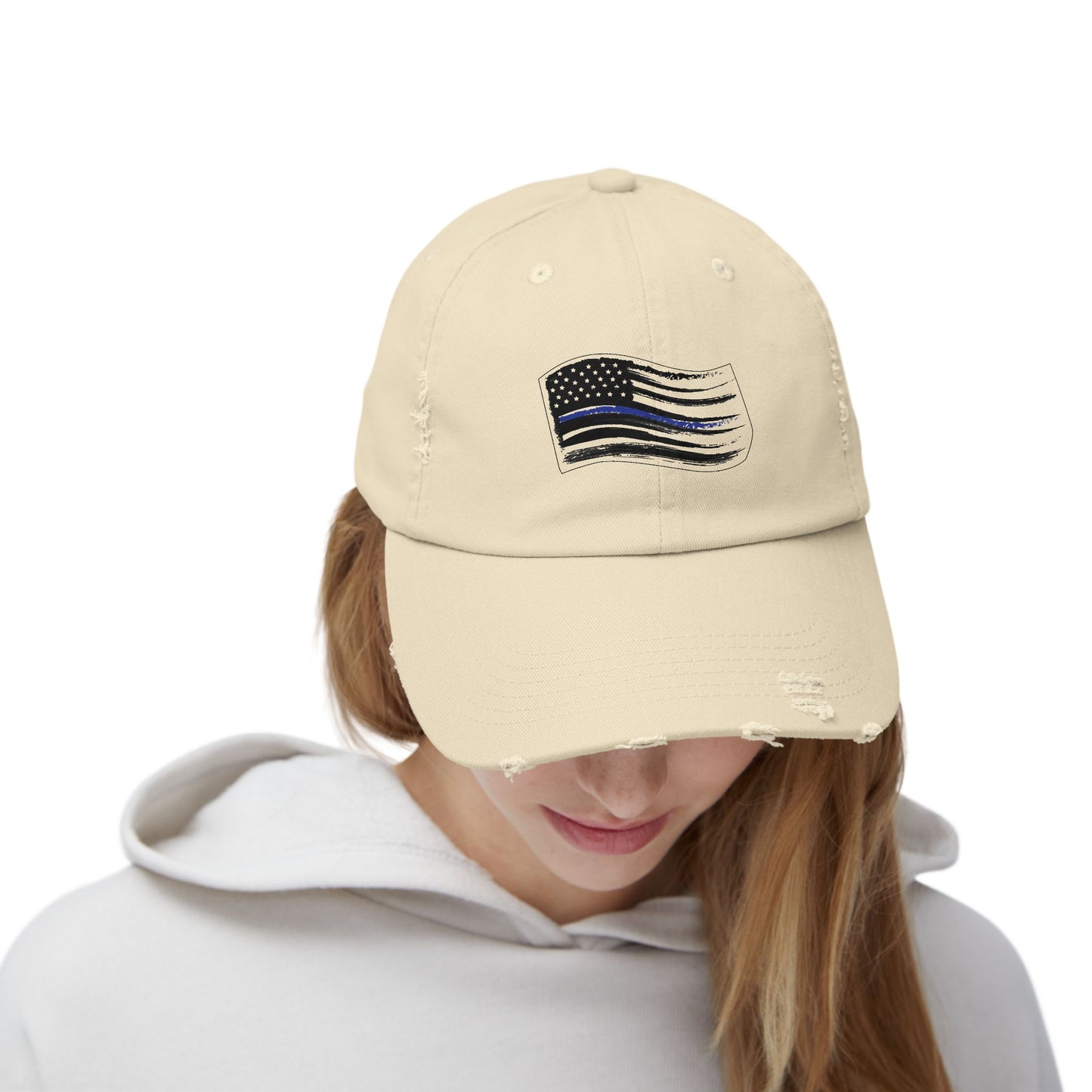Thin Blue Line Flag, Unisex Distressed Cap, Funny Hat, Casual Gift, Everyday Wear, Cool Accessory, Adjustable Cap