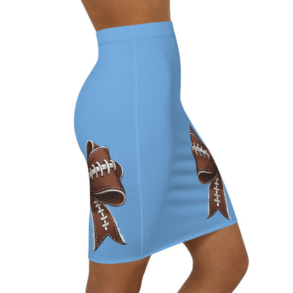 Light / Carolina Blue Football Bow Women's Pencil Skirt, Stylish Skirt Fun Night Out, Team Spirit! Game Day, homecoming