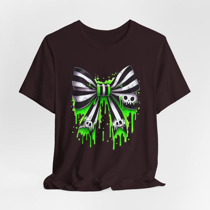 Gothic Bow Graphic Tee, Unisex Casual T-Shirt, Halloween Party Shirt, Alternative Fashion Top, Edgy Streetwear Style