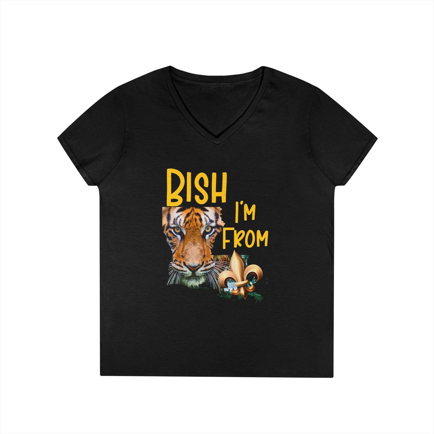Vibrant Graphic Tee, Ladies' V-Neck T-Shirt, Fun Casual Wear, Perfect for Gifts, Everyday Style, BISH I'M FROM Louisiana